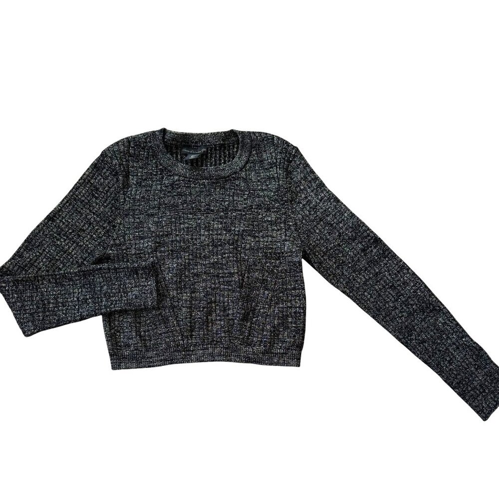 House of Harlow 1960 Shimmer Ribbed Knit Cropped Sweater Womens L Black Gold
